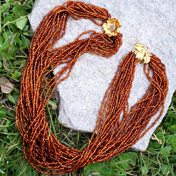 Vtg Amber Glass Bead Flower RS Torsade Necklace - Picture 7 of 8